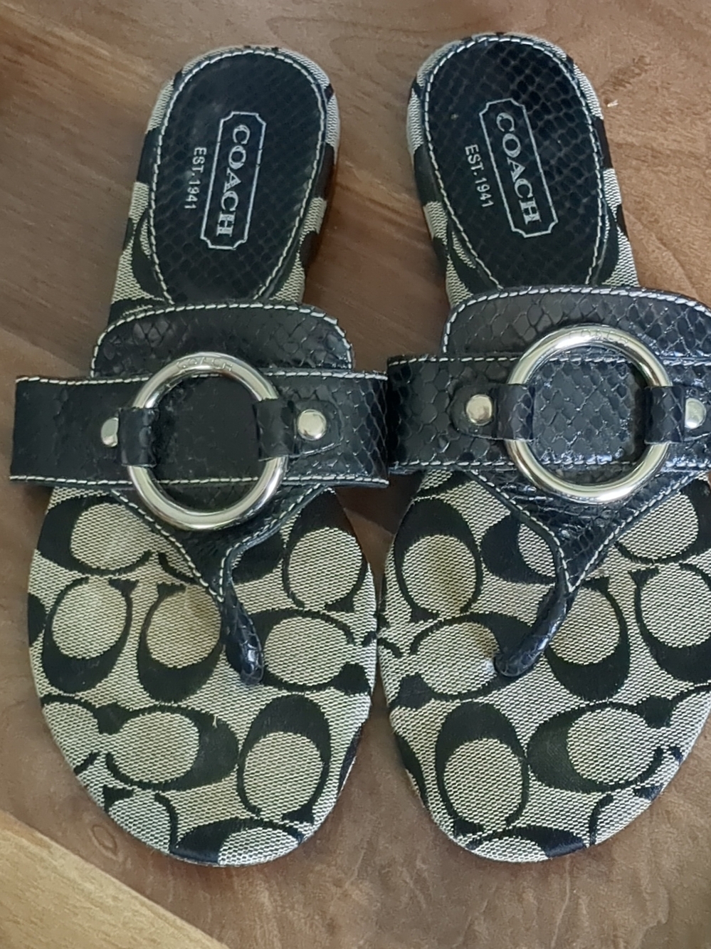 COACH Black & Cream Signature Canvas Thong Sandals with Silver Ring Detail